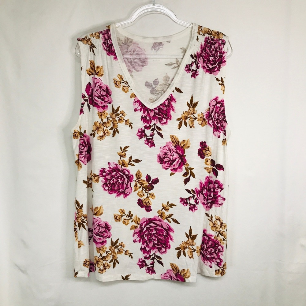 Maurices 24/7 Womens Plus‎ Size 0X Pink Floral Rose V-Neck Sleeveless Tank Top